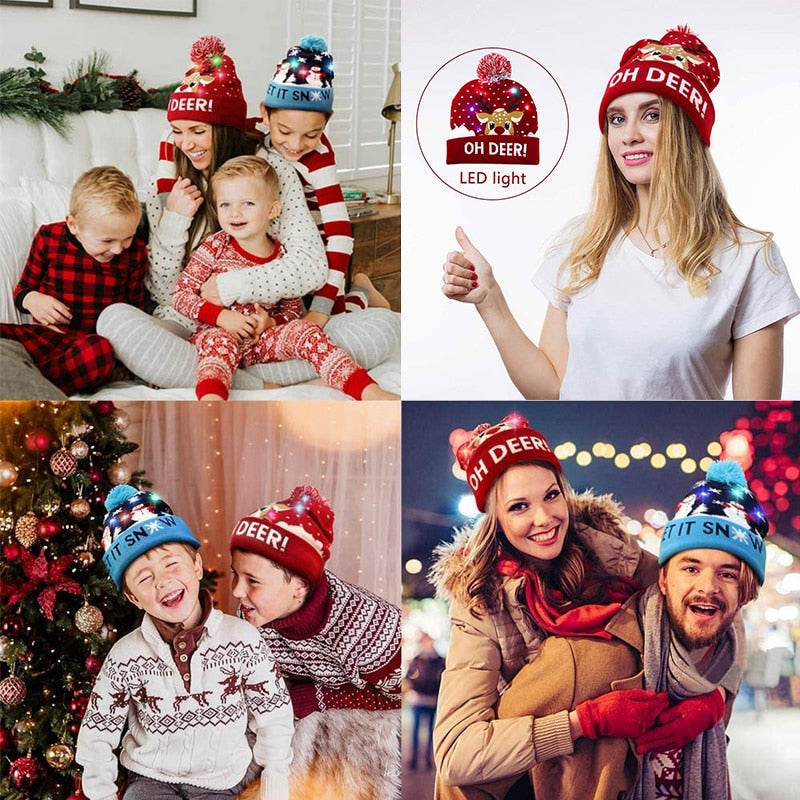 Gorro de punto con luz LED para niños y adultos, gorro de Navidad