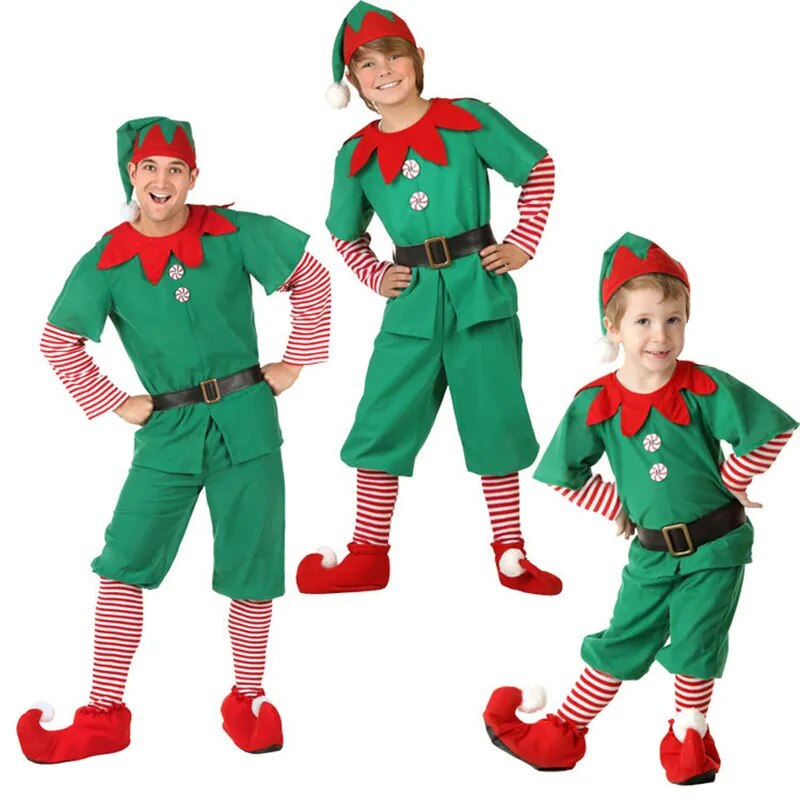 Disfraz de Elfo de Navidad para niños y adultos, vestido de Elfo verde, trajes familiares a juego, conjuntos de ropa de Cosplay