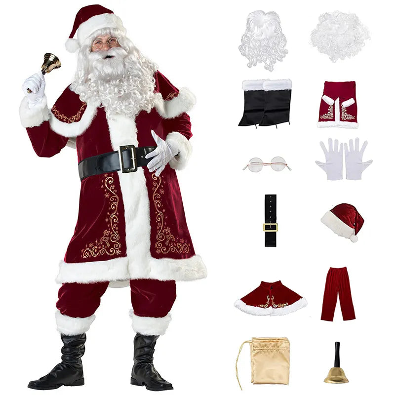 Conjunto de 12 Uds. de disfraz de Papá Noel de terciopelo para hombre y mujer, traje de Papá Noel de Navidad, disfraz de fiesta de Navidad elegante, Cosplay de Navidad