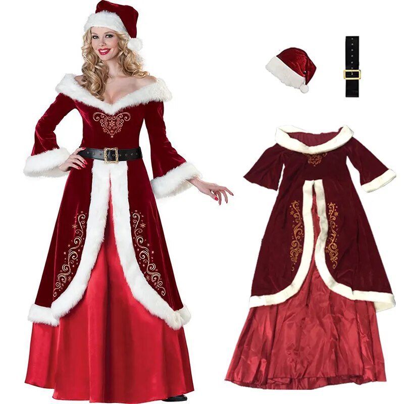 Conjunto de 12 Uds. de disfraz de Papá Noel de terciopelo para hombre y mujer, traje de Papá Noel de Navidad, disfraz de fiesta de Navidad elegante, Cosplay de Navidad