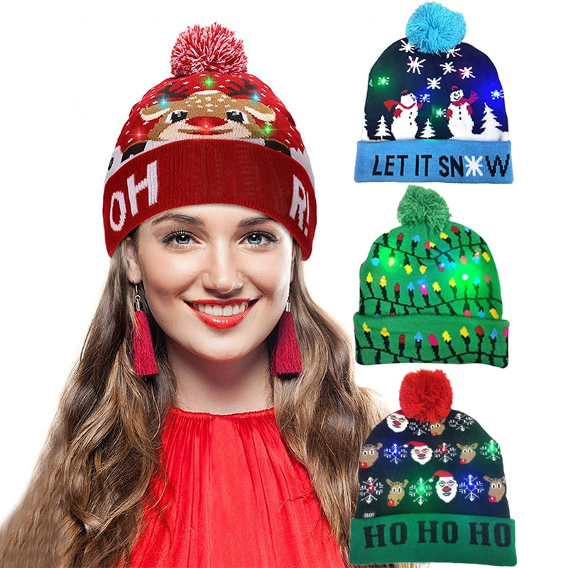 Gorro de punto con luz LED para niños y adultos, gorro de Navidad