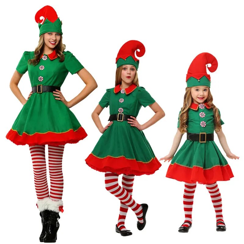 Disfraz de Elfo de Navidad para niños y adultos, vestido de Elfo verde, trajes familiares a juego, conjuntos de ropa de Cosplay